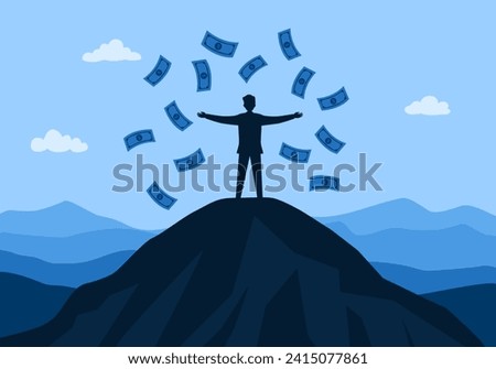 Financial freedom - man doing a freedom with beautiful landscape and mountain view, money raining from the sky. Passive income, rich, success concept.