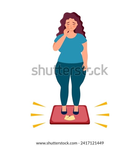 Overweight woman standing on body scale in flat design on white background. Weight gain anxiety.