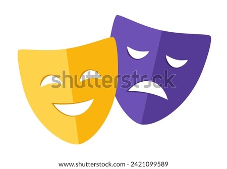 Theater masks. Comic and tragic mask icons. Happy and unhappy traditional symbol of theater. Funny and sad theater masks.