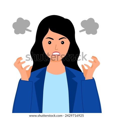 Young angry woman character in flat design on white background. Negative Emotion. Bad Mood.