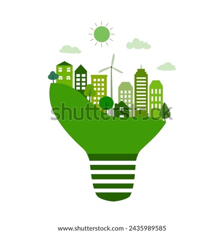 Green city with light bulb in flat design on white background. Eco city, save energy concept.