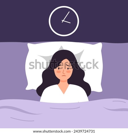 Sleepless woman suffering from insomnia. Lady with open eyes in darkness night lying on bed with clock concept vector illustration. Woman try to sleep under blanket.