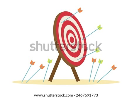 Arrows missed hitting target on white background. Multiple fail inaccurate attempt hit archery goal vector illustration. Concept of business strategy and challenge failure.