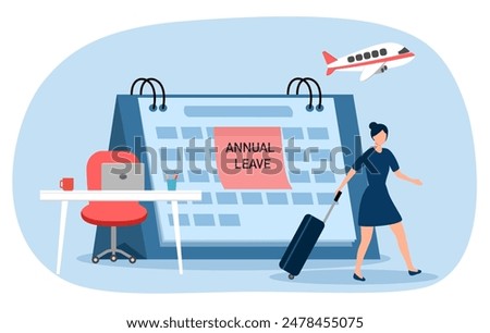 Annual leave relaxation holiday concept vector illustration. Annual leave text on sticky note on calendar. Businesswoman with baggage on vacation.