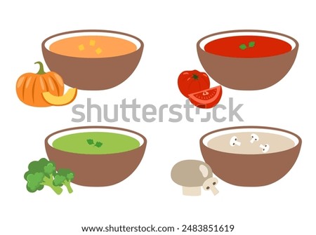 Set of soups for bowls. Pumpkin, tomato, broccoli, mushroom cream soup on white background. Vegan soup.