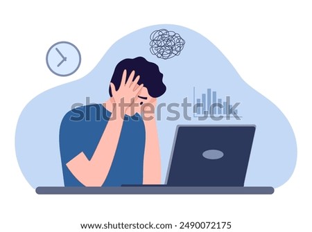 Burnout exhausted man tired sitting at his workplace in office holding his head vector illustration. Concept of emotional burnout, stress, tiredness, mental health problems.