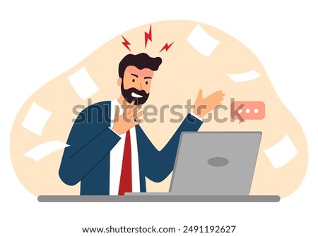 Business, mental stress, anger, fury, aggression concept. Frustrated businessman angry at work with papers in air.