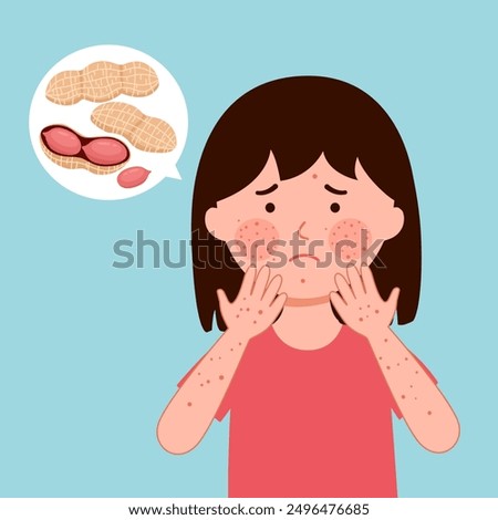 Girl child with peanut allergy symptom in flat design.