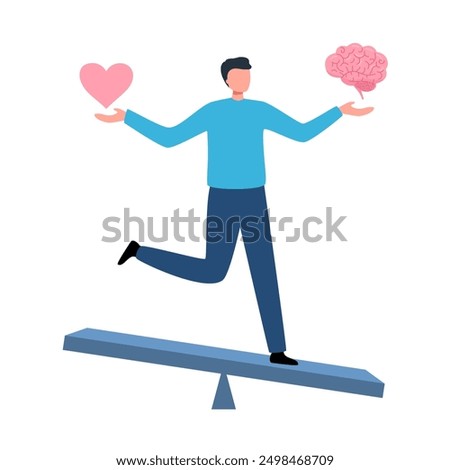 Man comparing logic thinking and intuition on scales. Male character standing on scale holding brain and heart. Emotional instincts and logic balance concept. Mind vs emotion.