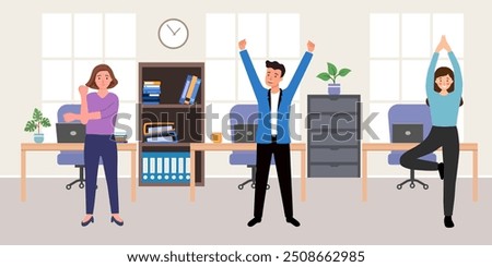 Group office employee workout in flat design. Company staffs doing exercise characters. Workers health and wellbeing care. Break from work, Stress relief.