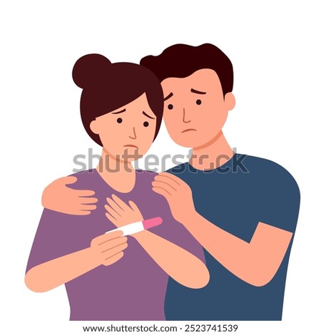 Sad couple looking at pregnancy test showing one line. Infertile couple, fertility problem in flat design on white background.