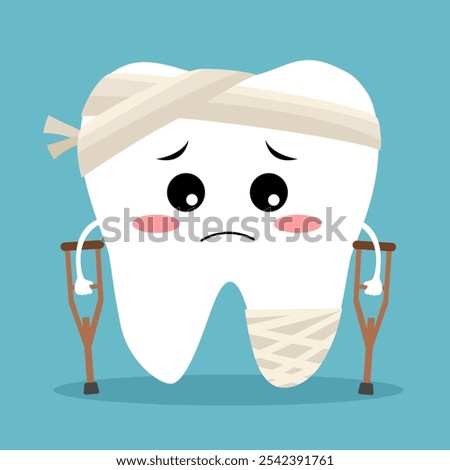 Sick broken tooth in crutches cute funny cartoon character. Dental health problem.