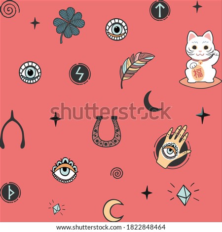 Vector pattern with lucky charms icons symbols isolated on pink background.Good luck.Talismans.Clover,runes, spiral curls,hand with all-seeing eye,feathers,stars,moon,cat,crystals.Paper design.T shirt