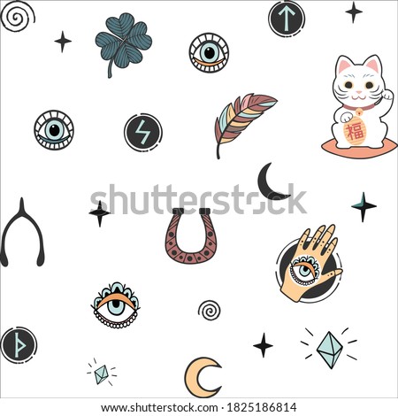 Vector pattern with lucky charms icons symbols isolated on white background.Good luck.Clover,runes,all-seeing eye,spiral curls,hand with eye,feathers,stars,moon,cat,crystals.Paper design.