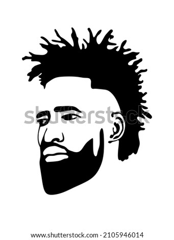 Black African African American male portrait profile face vector silhouette.Mohawk hair dreadlocks,beard.Human drawing man head stencil.Barbershop.Afro curly Hairstyle.Haircut.Curls.Plotter laser cut.