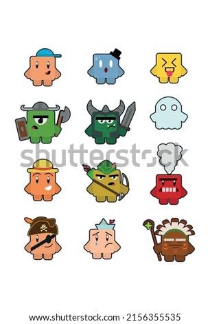 Cartoon vector sprites icons character for games.Non-fungible token Blockchain Game. NFT design.Emoji web stickers faces. Skins. Land crypto art.Emotions Sprite. Spritesheet Animations.Square skin.