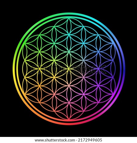 Flower Of Life with rainbow colors.Geometrical figure with multiple evenly-spaced,overlapping circles pattern, symmetrical structure of hexagon.Vector symbol sign.Sacred geometry.Mandala.Meditation.