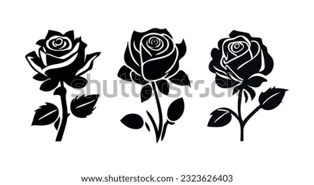 Black roses flowers silhouette set vector drawing.Floral beautiful wedding element.Stencil tattoo design.Decor.Decoration.Vinyl wall sticker decal.Plotter laser cutting.Beauty salon logo.DIY stem cut 