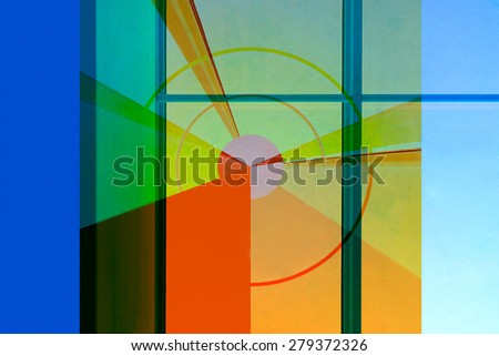 Radial-ring infographics-like diagram projected over French windows in green, blue and orange colors. Allusion to energy efficiency, energy saving or environmental conservation.