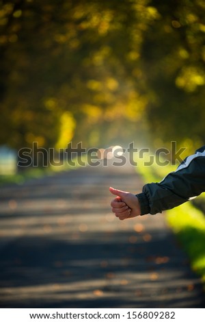 Hitchhikers hand trying to stop a car on the autumn road with typical gesture