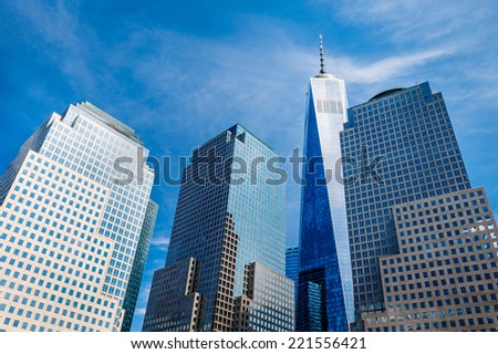 Skyscrapers rising up to sky on Lower Manhattan, including the Freedom Tower