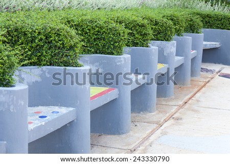 Benches made of concrete A dwarf shrubs in the garden decorations.
