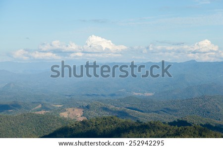 Forested mountains and sky. Luxuriant trees of the forest-covered mountains. The sky is clearing up.