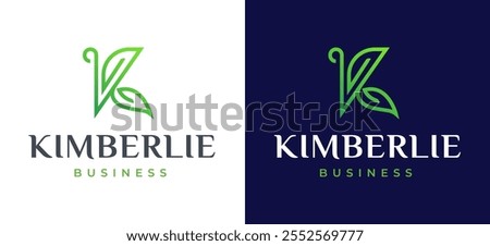 Initial Letter K with Leaf Icon Symbol Logo Design. Green Leaf Symbol on Letter K Line Logo Design Inspiration. Green and Natural Branding for Eco Business Identity. Alphabet Vector Logo Illustration.