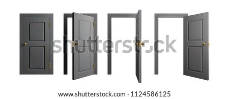 Doors set. Front view opened and closed door. Realistic isolated vector illustration.