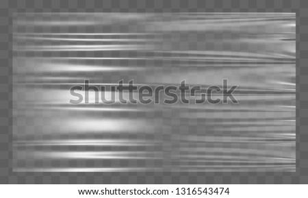 Realistic stretched white plastic warp. Polyethylene background. Vector transparent cellophane mockup.