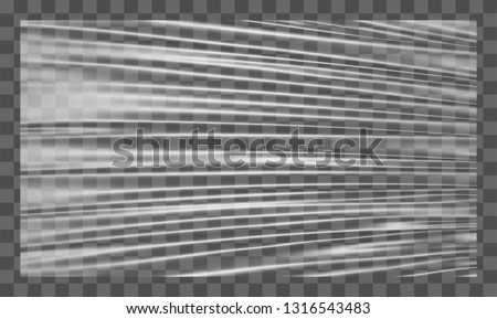 Realistic stretched white plastic warp. Polyethylene background. Vector transparent cellophane mockup.