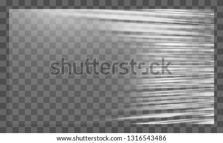 Realistic stretched white plastic warp. Polyethylene background. Vector transparent cellophane mockup.