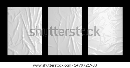 Glossy white wrinkled paste poster template set. Isolated glued paper or fabric mockup.