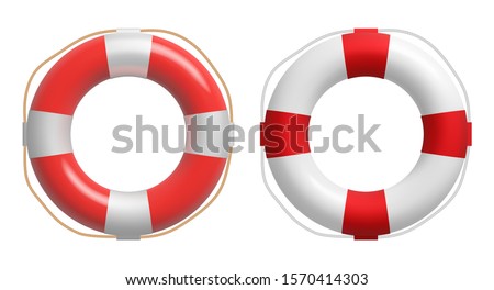 Realistic red and white lifebuoy whith a rope. Vector safety torus