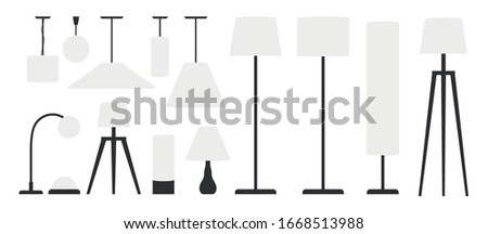 Floor and ceiling lamps furniture set. Vector flat illustration. Modern torchiere with white lampshades