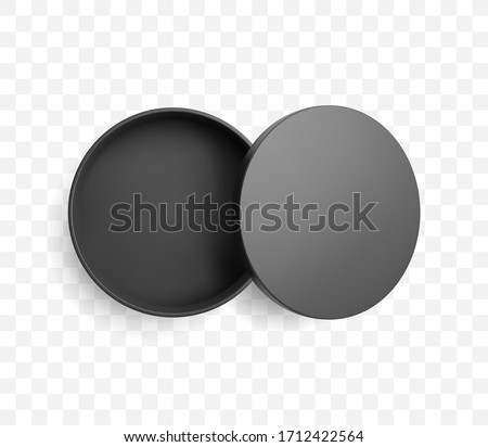Realistic half open round black box and lid with shadow. Top view vector mockup
