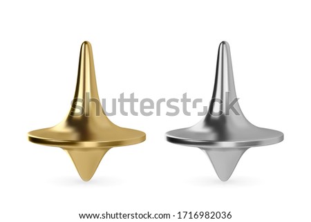 Realistic vector spinning top toy. Golden and silver metal whirligig
