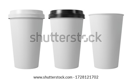 Paper coffee cups with black and white lids. Open and closed paper cup. Realistic vector mockup