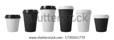 Paper coffee cups with black and white lids. Closed large and small paper cups. Realistic vector mockup