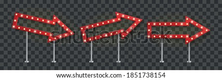 Realistic red arrow signage with yellow light bulbs pointed right, up and down. Show sign banner template with shadow. Vector illustration