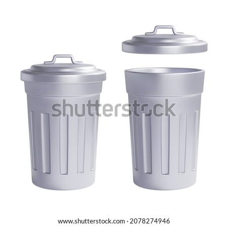 Open and closed metallic street trash bin. Realistic vector illustration