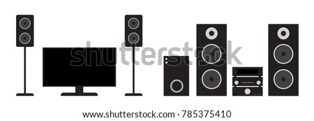 Flat black home cinema and stereo system set. Vector illustration of tv, receiver, subwoofer and speakers.