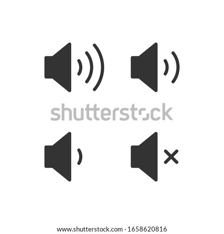 Speaker audio icon set. Volume voice control on off mute symbol. Flat application interface sound sign. Vector illustration image. Isolated on white background.