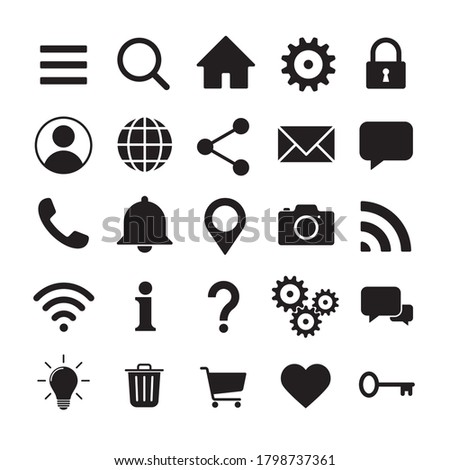 Web application interface icon collection. Vector symbol set. Search, home, settings, account, lock and info button sign. Cogwheel, magnify, wi-fi and user profile logo. Isolated on white background.