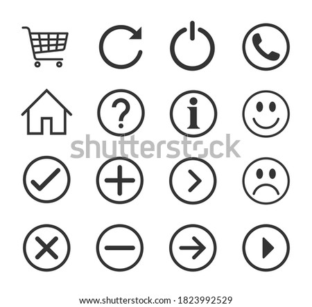 Web application interface icon collection. Vector symbol set. home, shopping cart,  power and info button sign. question, happy, sad and checkmark logo. Isolated on white background.