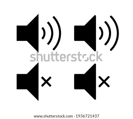 Speaker audio icon set. Volume voice control on off mute symbol. Flat application interface sound sign button. Vector illustration image. Isolated on white background.