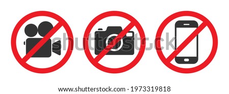 Photo, video and phone prohibition symbol sign set. No photographing and filming prohibit icon logo collection. Vector illustration image. Isolated on white background.