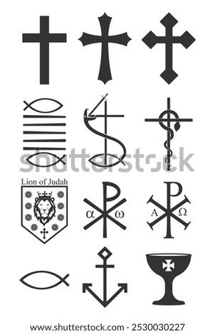 Christianity vector symbol set. Cross crusifix. Nehushtan bronze snake. Bread miracle. Ichthys sign. Lion of judah logo. Chi rho sign. Anchor and holy grail symbol.