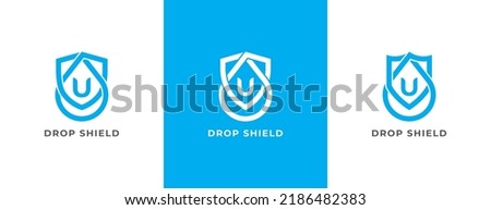 Shield Drop Logo Concept icon sign symbol Design Line Art Style with Letter U. Waterproof Protection Droplet Logotype. Vector illustration template