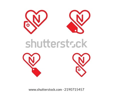 Heart Tag Logo Concept sign icon symbol Design Line Art Style with Letter N. Love, Shopping Logotype. Vector illustration logo template Foto stock © 
